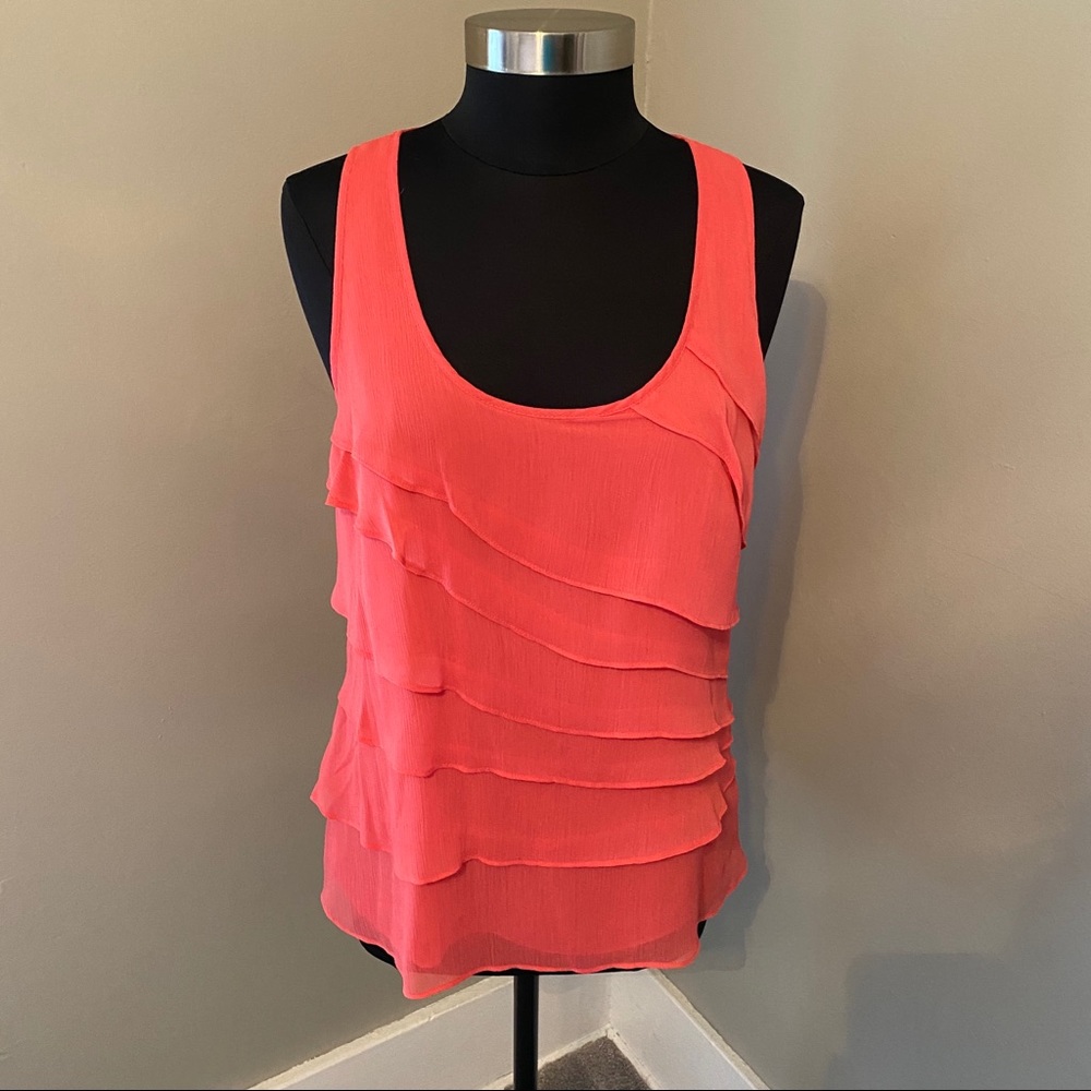 BOSTON PROPER Coral Ruffle Layered Scoop Neck Crepe Side Zip Tank Fitted Blouse